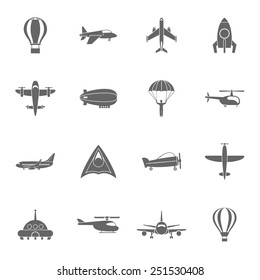 Aircraft dirigible and hot air balloon travel pictograms collection with spacecraft rocket abstract black isolated vector illustration