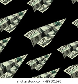 Aircraft dollars seamless pattern. Money banknote paper airplane background. Financial ornament