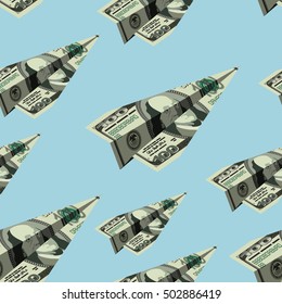 Aircraft Dollars Seamless Pattern. Money Banknote Paper Airplane Background. Financial Ornament
