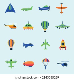 Aircraft elements color flat vector icons collection set