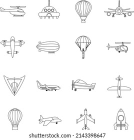 Aircraft elements outline flat vector icon collection set