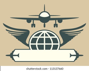 Aircraft emblem. Vector icon of plane, globe and wings