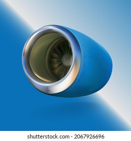 Aircraft Engine. Aircraft Jet Engine With Chrome Ring. Airplane Turbine Without Wing Close-up. Detailed Aircraft Jet Turbine Blades, Tech Blue. Jet Turbine, Engine Plane Isolated. Turbo Blade Motor. 