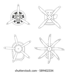 Aircraft engine in outline style. Contour drawing of motor with propeller on white background. Vector illustration