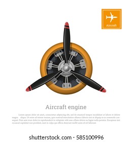 Aircraft engine in realistic style. Motor with propeller on white background. Vector illustration