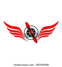 The aircraft engine with red propeller and red wings ,symbol of some group or activity about aviation