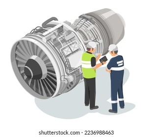 Aircraft engineer planning with mechanician maintenance jet engine engineering  technicians checking service airplane turbine diagram isometric isolated on white