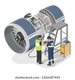 Aircraft engineer planning with mechanician to maintenance turbine jet engine engineering  technicians service airplane isometric isolated on white