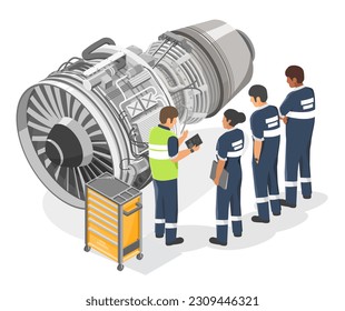 Aircraft engineer training school with jet engine technicians checking service maintenance airplane turbine isometric isolated vector