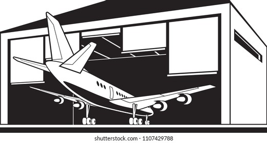 Aircraft enter hangar at airport - vector illustration