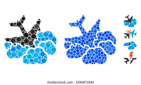Aircraft falls into clouds mosaic of filled circles in different sizes and color hues, based on aircraft falls into clouds icon. Vector filled circles are combined into blue mosaic.