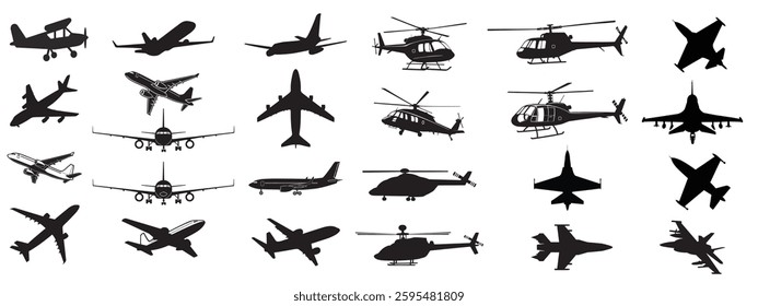 Aircraft Fighter Jet Plane Helicopter Airplane Black and White Silhouettes Vector Illustration or on Isolated Background Transparent PNG