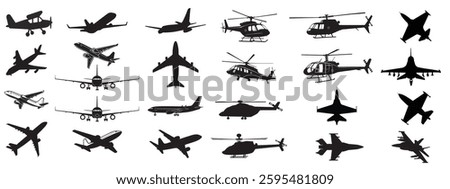 Aircraft Fighter Jet Plane Helicopter Airplane Black and White Silhouettes Vector Illustration or on Isolated Background Transparent PNG