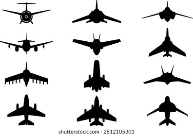 Aircraft and Fighter Jet Twelve Various Types Front View Silhouette Black Vector Icon Set Collection
