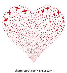 Aircraft fireworks with heart shape. Vector illustration style is flat red iconic symbols on a white background. Object heart created from scattered pictograms.