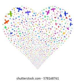 Aircraft fireworks with heart shape. Vector illustration style is flat bright multicolored iconic symbols on a white background. Object salute combined from random pictographs.