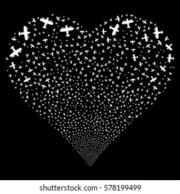 Aircraft fireworks with heart shape. Vector illustration style is flat white iconic symbols on a black background. Object stream organized from random icons.