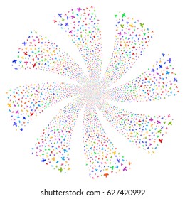 Aircraft fireworks swirl rotation. Vector illustration style is flat bright multicolored iconic symbols on a white background. Object twirl made from random pictograms.