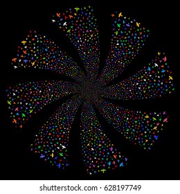 Aircraft fireworks swirl rotation. Vector illustration style is flat bright multicolored iconic symbols on a black background. Object whirlpool organized from random design elements.