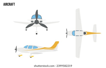 Ilustración de diseño plano de aeronaves, Vehículos públicos , vista superior, vista lateral, vista frontal, aislada por fondo blanco