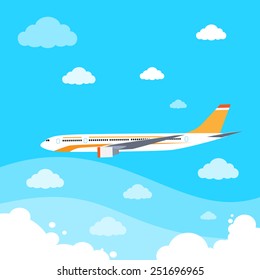 aircraft flat design style vector illustration airplane flying in sky with clouds