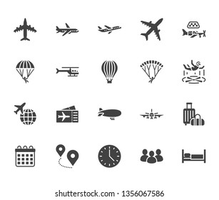 Aircraft flat glyph icons set. Airplane, helicopter, air taxi, skydiving, balloon, aero tube, paragliding vector illustration. Signs for plane tickets store. Solid silhouette pixel perfect 64x64.