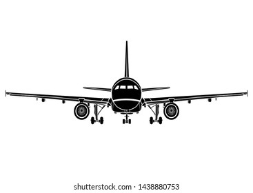 Aircraft flat icon, airplane silhouette, flying machine black and white drawing full face, plane front view, outline sketch, vehicle emblem, transport isolated on white background. Vector illustration
