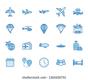 Aircraft flat line icons set. Airplane, helicopter, air taxi, skydiving, balloon, aero tube, paragliding vector illustration. Thin signs for plane tickets store. Pixel perfect 64x64. Editable Strokes.