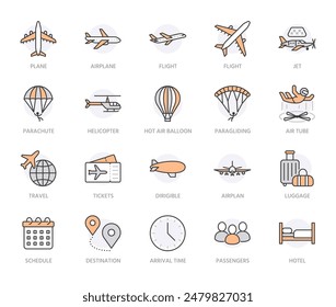 Aircraft flat line icons set. Airplane, helicopter, air taxi, skydiving, balloon, aero tube, paragliding vector illustration. Thin signs for plane tickets store. Orange color. Editable Strokes