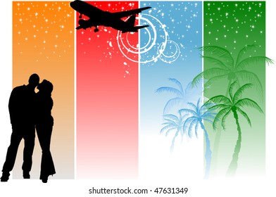 aircraft flies over the beach; where walking a couple in love;