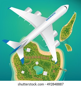 Aircraft flies over few tropical islands of different sizes with beaches and houses. Around float boats. View from above. International flights or air traffic concept. Vector illustration