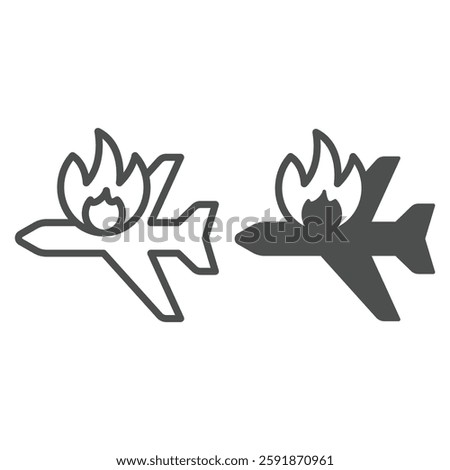 Aircraft flight crash line and solid icon, insurance event concept. Vector graphics. Fire danger in airplane sign on white background, outline style icon for mobile or web design