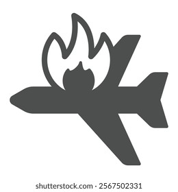 Aircraft flight crash solid icon, insurance event concept. Vector graphics. Fire danger in airplane sign on white background, glyph style icon for mobile or web design