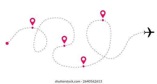 Aircraft flight path vector collection featuring dotted and dashed route lines with curved airplane trails and tracking connections for global travel and air navigation themed illustrations