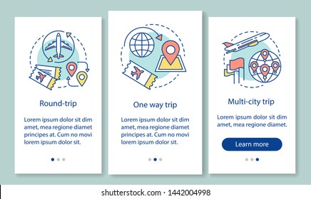 Aircraft flight ticket onboarding mobile app page screen with linear concepts. Round, one way and multi-city trip walkthrough steps graphic instructions. UX, UI, GUI vector template with illustrations