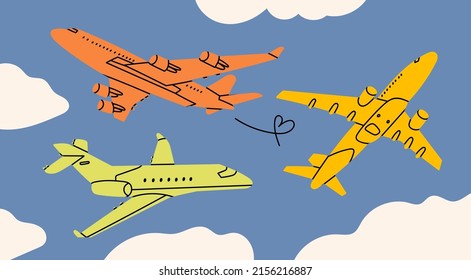 Aircraft flying above the clouds. Silhouettes of colorful passenger planes in the sky. Vacation, fast travel, transportation concept. Hand drawn Vector illustration. All elements are isolated