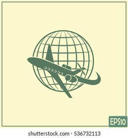 Aircraft flying around the earth. Sign of transport and tourism 