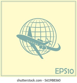 Aircraft flying around the earth. Sign of transport and tourism 