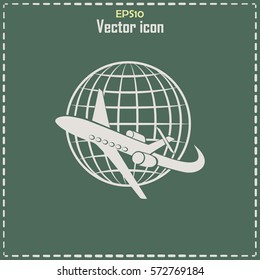 Aircraft flying around the earth. Sign of transport and tourism 
