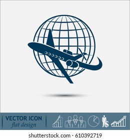 Aircraft flying around the earth. Sign of transport and tourism 
