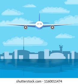 Aircraft flying high above the blue sea. Airplane in the sky and sityscape on the background. Flight above the ocean. Flat vector illustration