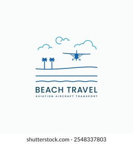 Aircraft flying over the beach logo with palm trees, sun, and clouds in linear style vector graphic icon illustration