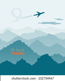 aircraft flying over mountains, blue-color monochrome, stylized vector illustration