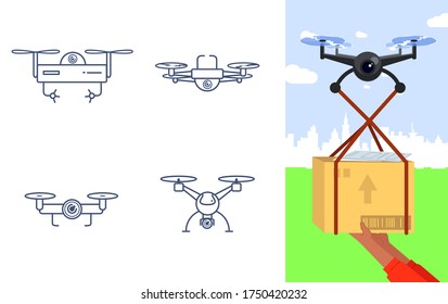 The aircraft is flying. Parcel delivery. Future technology. Remote device management. Modern technology.