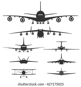 Aircraft. Front view. Set of black silhouettes isolated on white background. Vector illustration. Design of different airplanes.