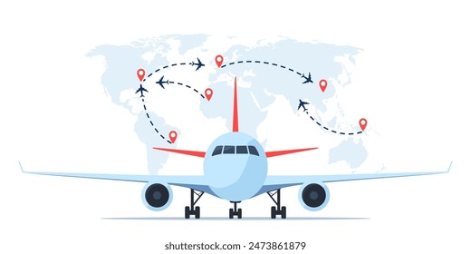 Aviones en vista frontal, mapa del mundo con rutas de vuelo y marcadores de pines. Tiempo para viajar concepto. Viajar en avión. Vuelo internacional. Ilustración vectorial para póster, Anuncio