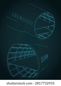 Aircraft fuselage sections technical drawings stylized vector illustration
