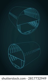 Aircraft fuselage sections technical drawings stylized vector illustration