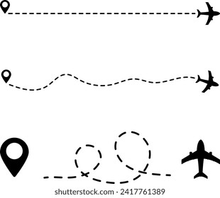 Aircraft, geolocation tag, and route line. Flight, route or journey. Simple vector illustration.