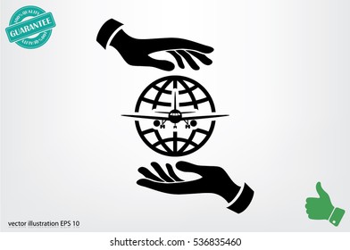 Aircraft, globe and hands icon vector illustration eps10